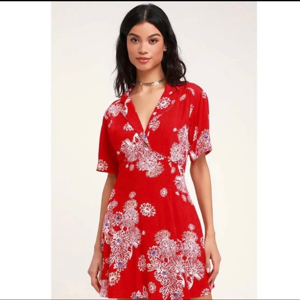 NWT FREE PEOPLE Red White, Blue, Cream Hawaiian floral Mini Dress fit flare Sz M
